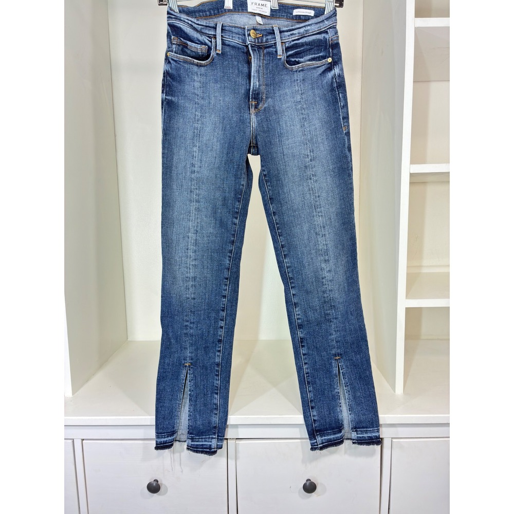 FRAME Le Nouveau Straight Jeans Blue High‎ Rise Split Hem Raw Edge Size 27